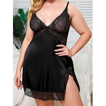 

Plus Size Lingerie Dress Printed Lace Panel Slit Scalloped Backless Lingerie Set, Black