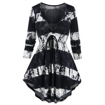 

Tie Dye T Shirt Cinched Pointed Hem Long Sleeve High Waisted Skirted Tee, Black