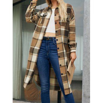 

Plaid Print Coat Front Pocket Curved Hem Full Sleeve Button Up Longline Coat, Multicolor