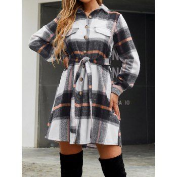 

Plaid Print Shirt Dress Belted Mock Pocket Long Sleeve Button Up A Line Mini Dress, Multicolor