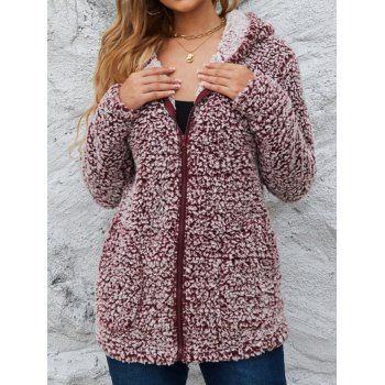 Faux Fur Hooded Coat Pockets Zip Up Coat Full Sleeve Long Coat, Multicolor