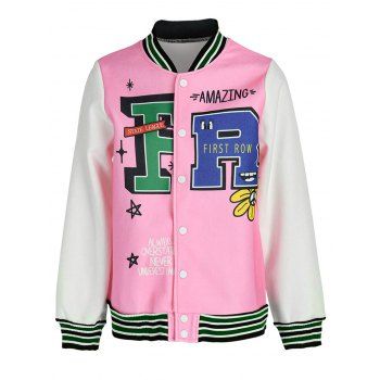

Plus Size Baseball Jacket Funny Cartoon Flower Plant Letter Graphic Letterman Jacket Colorblock Stripe Snap Button Jacket, Multicolor