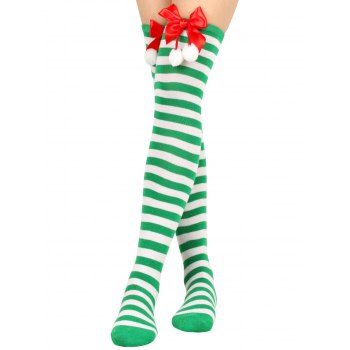 

Striped Print Bowknot Thigh High Christmas Socks, Clover green