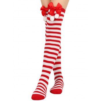 Striped Print Bowknot Thigh High Christmas Socks