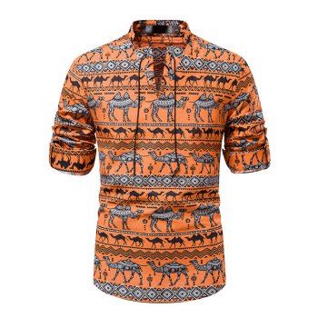 

Tribal Geometric Animal Allover Print Shirt Lace Up Curve Hem Long Sleeve Shirt, Orange
