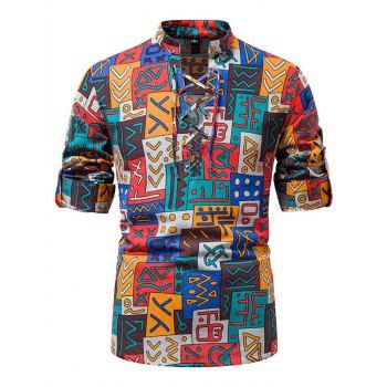 

Tribal Geometric Pattern Patchwork Allover Print Shirt Lace Up Long Sleeve Stand Collar Shirt, Multicolor
