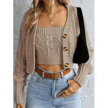 

Cable Knit Geometric Pattern Plain Color Sleeveless Top And Button Up Cropped Sweater Set, Light coffee