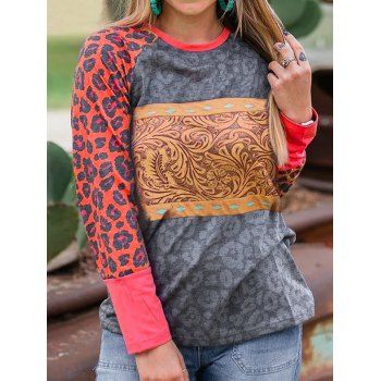 

Leopard Flower Leaf Print Colorblock Top Raglan Sleeve Round Neck Casual Top, Multicolor