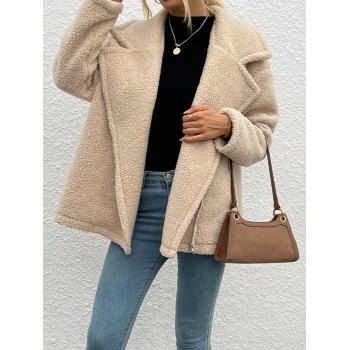 

Teddy Coat Notched Full Sleeve Long Zip Up Coat, Light coffee
