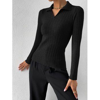 

Pure Color Ribbed Slim Knitwear Turndown Collar Long Sleeve Knit Top, Black