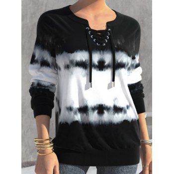 

Ombre Tie Dye Print Top Lace Up Long Sleeve Casual Top, Multicolor