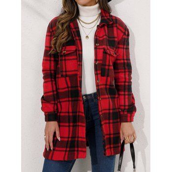 

Plaid Print Coat Front Pocket Full Sleeve Turn Down Collar Long Coat, Red