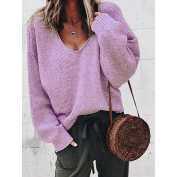 

Drop Shoulder Sweater V Neck Long Sleeve Pullover Sweater, Purple