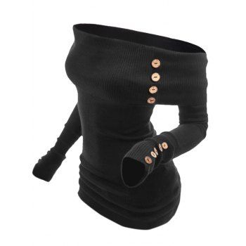 

Off the Shoulder Sweater Foldover Mock Button Solid Color Long Sleeve Sweater, Black