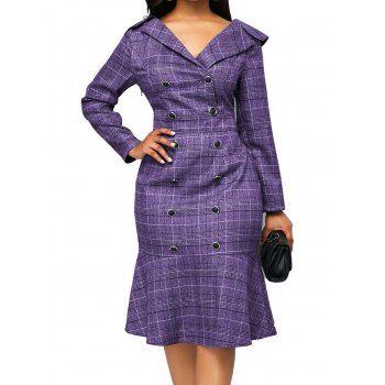 

Plaid Print Dress Vintage Dress Mock Button Lapel Collar Flounce Shift Midi Dress, Purple