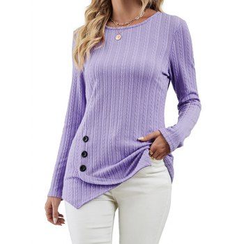 

Textured Knit Top Mock Button Asymmetrical Hem Casual Long Sleeve Knitwear, Light purple