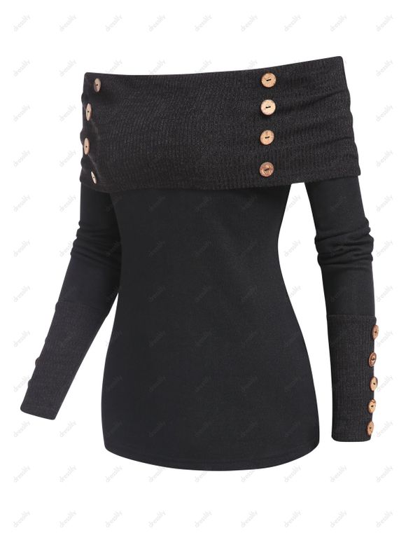 Pull Plié à Epaule Dénudée en Couleur Unie à Manches Longues - Noir L