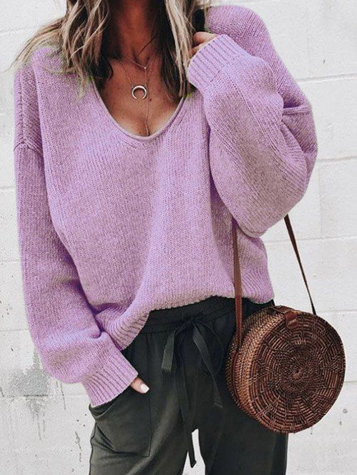 Drop Shoulder Sweater V Neck Long Sleeve Pullover Sweater - PURPLE XL