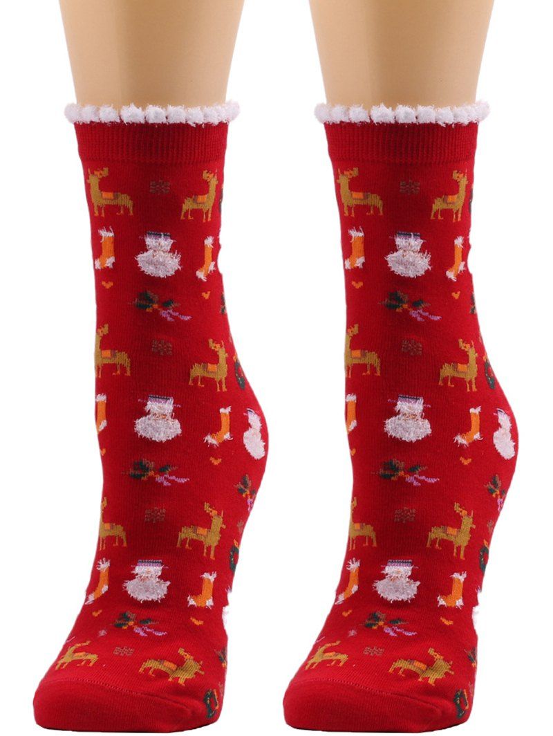 Chaussettes à Imprimé Père Noël en Fausse Fourrure - Rouge 1 PAIR