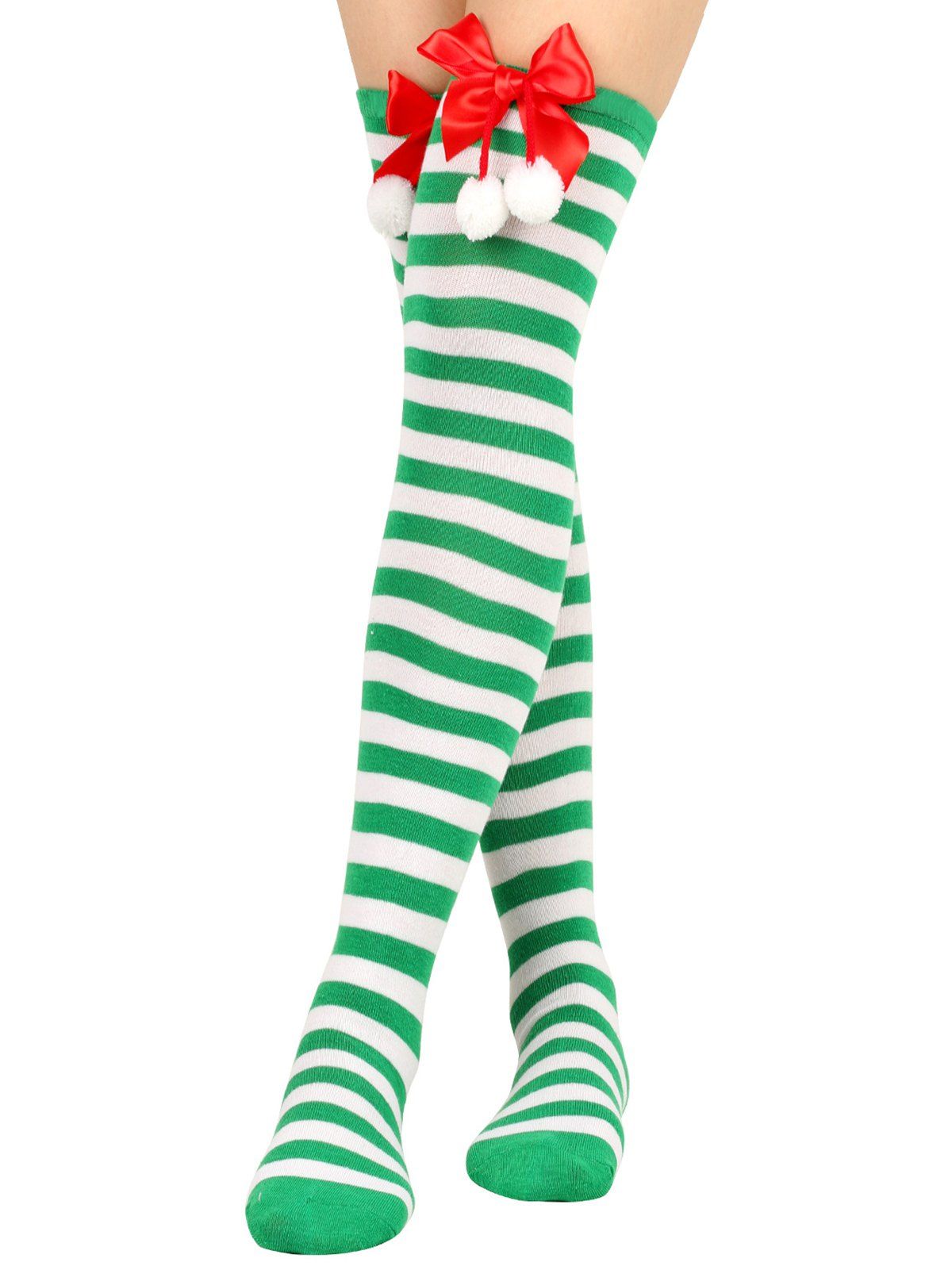 Chaussettes de Noël Hautes Rayées Nouées Imprimées - Vert Trèfle 1 PAIR