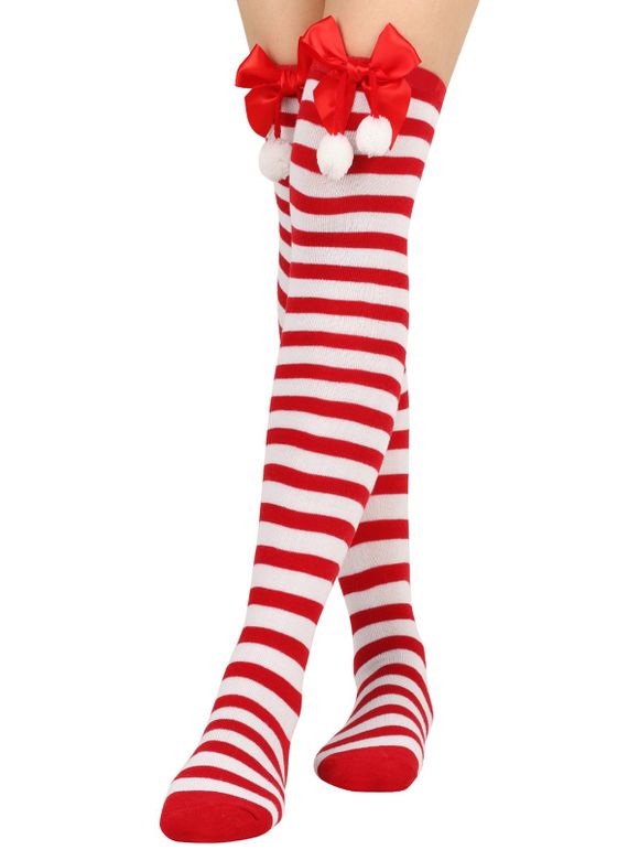 Chaussettes de Noël Hautes Rayées Nouées Imprimées - Rouge 1 PAIR