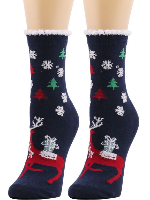 Chaussettes de Noël à Imprimé Flocon de Neige en Fausse Fourrure - Noir 1 PAIR