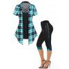 Plaid Print Mock Button Crisscross Faux Twinset T Shirt And High Waist Capri Leggings Set Summer Outfit - multicolor S