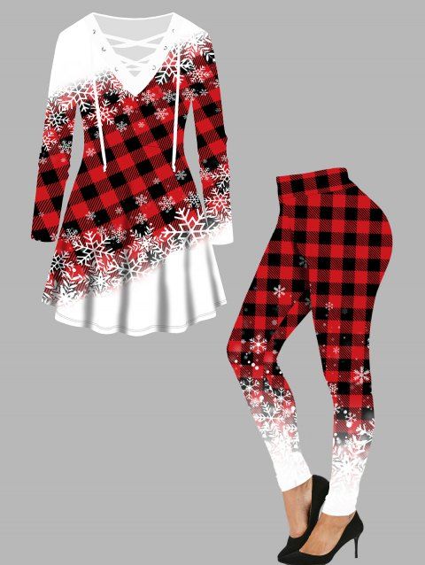Plus Size Snowflake Plaid Print T Shirt And High Waisted Skinny Leggings Christmas Outfit