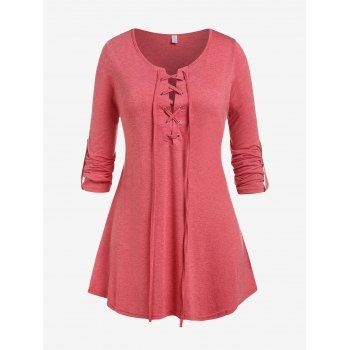 

Plus Size Lace Up Roll Up Sleeve Tee, Red