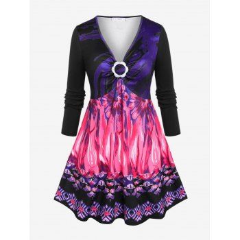 

Plus Size Flower Ring Printed Long Sleeve T-shirt, Black