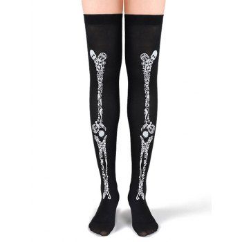 

Flower Skull Skeleton Print Thigh High Socks, Black