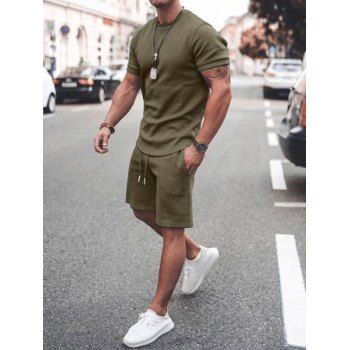 

Plain Color Short Sleeve T Shirt And Drawstring Waist Shorts Sport Two Piece Set, Fern green