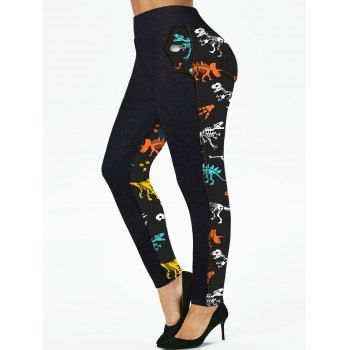 

Plus Size Leggings Dinosaur Skeleton Print Topstitching Leggings, Black