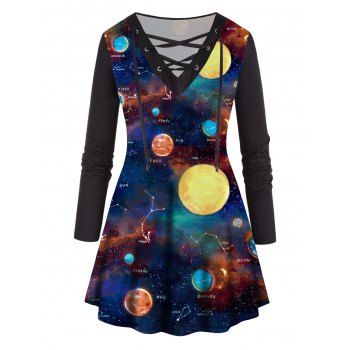 

Plus Size T Shirt Galaxy Planet Print T Shirt Lace Up V Neck Long Sleeve Tee, Multicolor