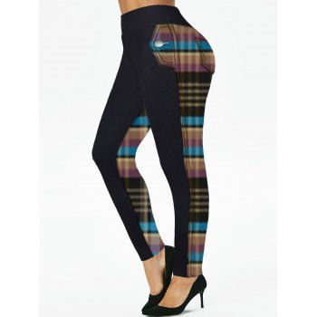 

Plus Size Leggings Plaid Print Stitching High Waist Leggings, Multicolor