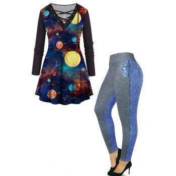 

Plus Size Outfit Galaxy Planet Print Lace Up V Neck Long Sleeve T Shirt And Faux Denim 3D Print Leggings Set, Multicolor