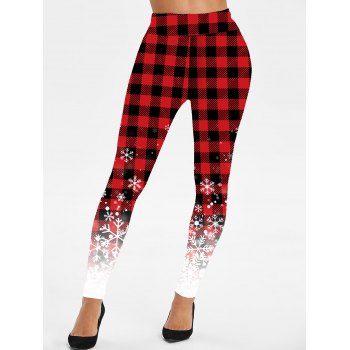 

Plus Size Leggings Plaid Snowflake Print High Waisted Skinny Leggings, Deep red