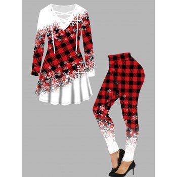 

Plus Size Snowflake Plaid Print T Shirt And High Waisted Skinny Leggings Christmas Outfit, Red
