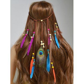 Ethnic Headband Colored Faux Feather Peacock Beaded Bohemian Headband
