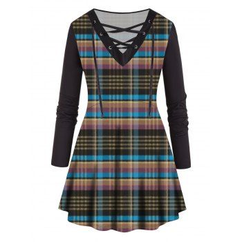 

Plus Size T Shirt Lace Up Plaid Print V Neck Lace Up Long Sleeve Tee, Multicolor