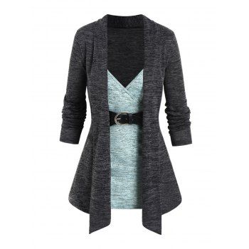

Colorblock Knit Faux Twinset Space Dye Surplice V Neck Buckle Knitted 2 In 1 Top, Dark gray