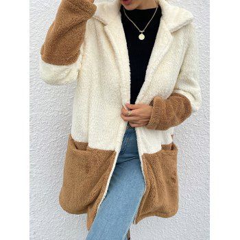 

Two Tone Fluffy Long Coat Front Pocket Patch Open Front Turn Down Collar Fuzzy Coat, Light coffee