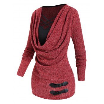 

Contrast Colorblock Twofer Top Draped Lattice Strap Buckle Long Sleeve Faux Twinset Top, Deep red