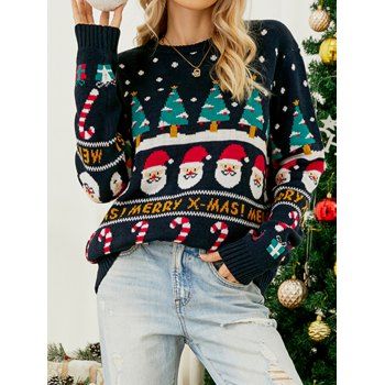 

Christmas Tree Santa Claus Candy Gift Box Graphic Sweater Ribbed Hem Mock Neck Pullover Sweater, Deep blue