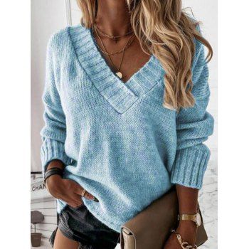 

Drop Shoulder Sweater Ribbed Hem Surplice V Neck Pullover Sweater, Blue