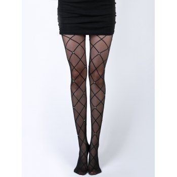 

Geometric Pattern Pantyhose Rhinestone Elastic Waist See Thru Pantyhose, Black