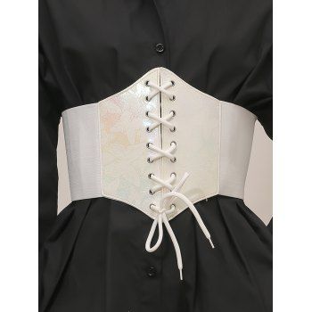 

Butterfly Print Lace Up Elastic Wide Belt Shirt Dress Decoration PU Belt, White