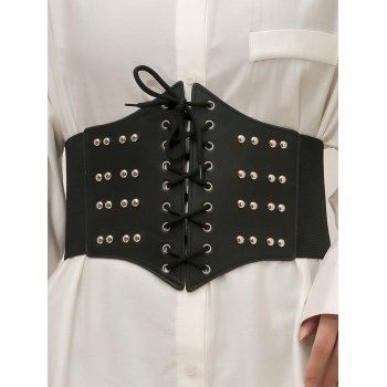 

Lace Up Rivets Snap Button PU Elastic Wide Waist Belt Dress Shirt Decoration Waist Belt, Black
