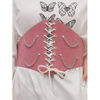 

Lace Up Wide Waist Belt Snap Button Decorative Chain Detail Belt, Light pink