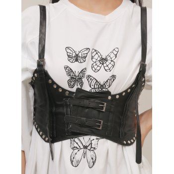 

Decorative Adjustable Straps Buckles Rivets Deatil PU Wide Waist Belt, Black